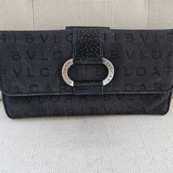 BVLGARI Women Card Holder Clutch Wallet Black Leather/Canvas Purse Made in ITALY